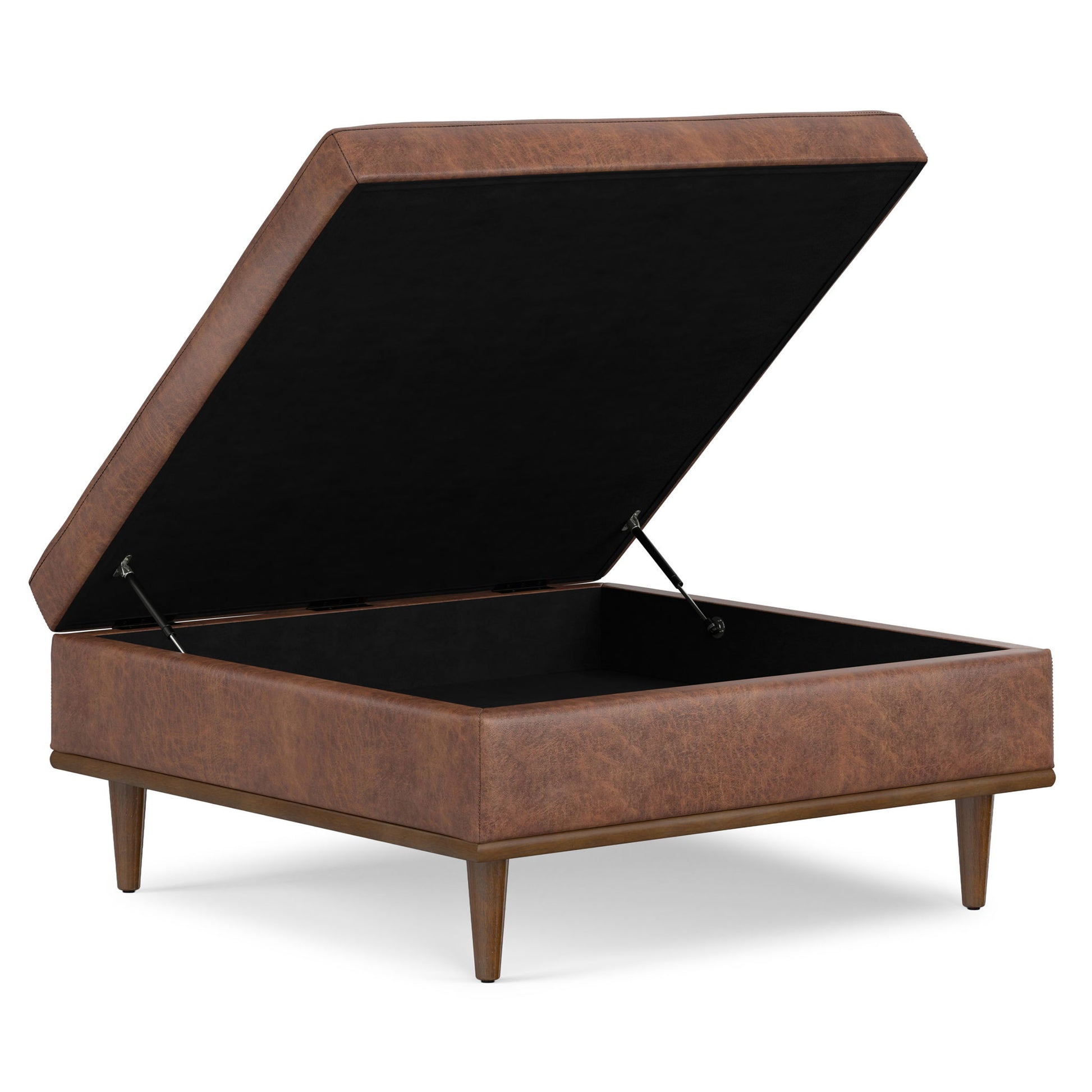 The Shiloh Multifunctional Square Storage Ottoman features a brown cushioned lid, four wooden legs, and internal storage lined with black fabric. The partially open lid reveals spacious storage inside.