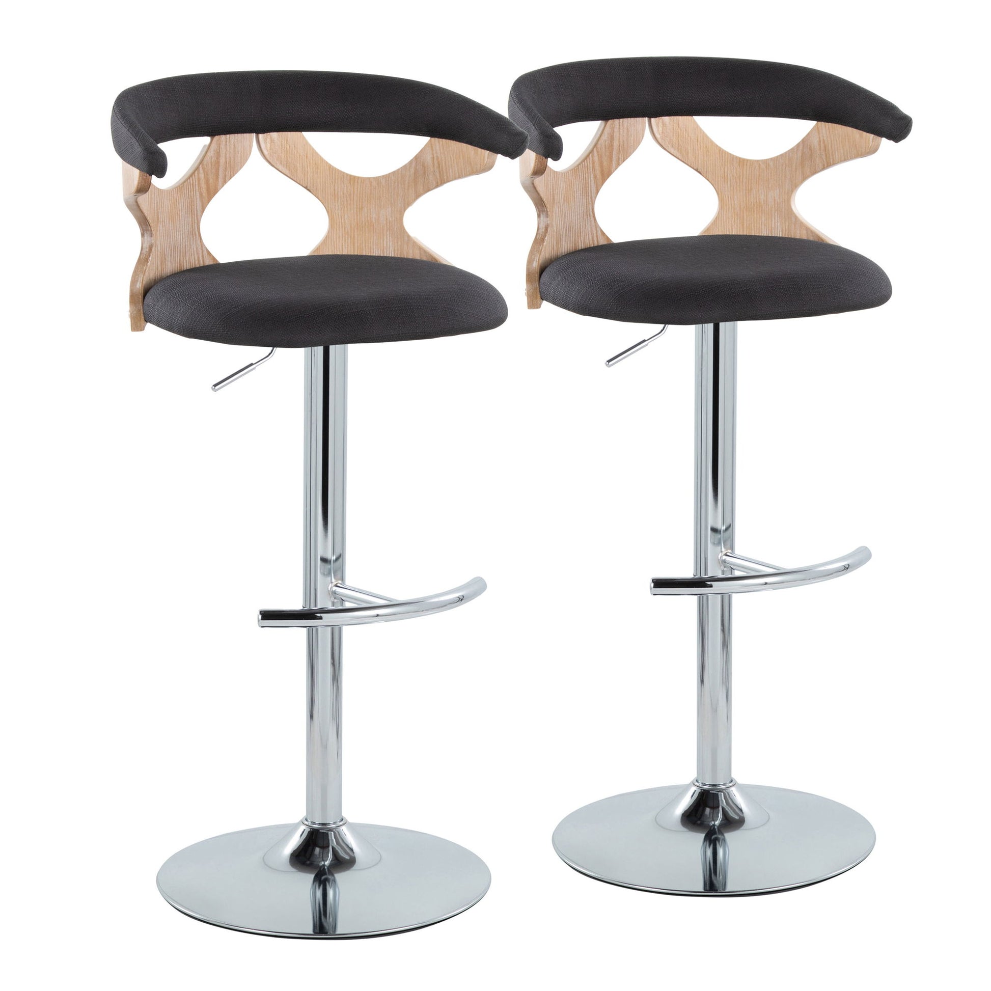 The Gardenia Contemporary Adjustable Barstools (set of 2) feature curved wooden backrests, black cushioned seats, chrome swivel bases, and rounded T footrests, shown side by side against a white background.