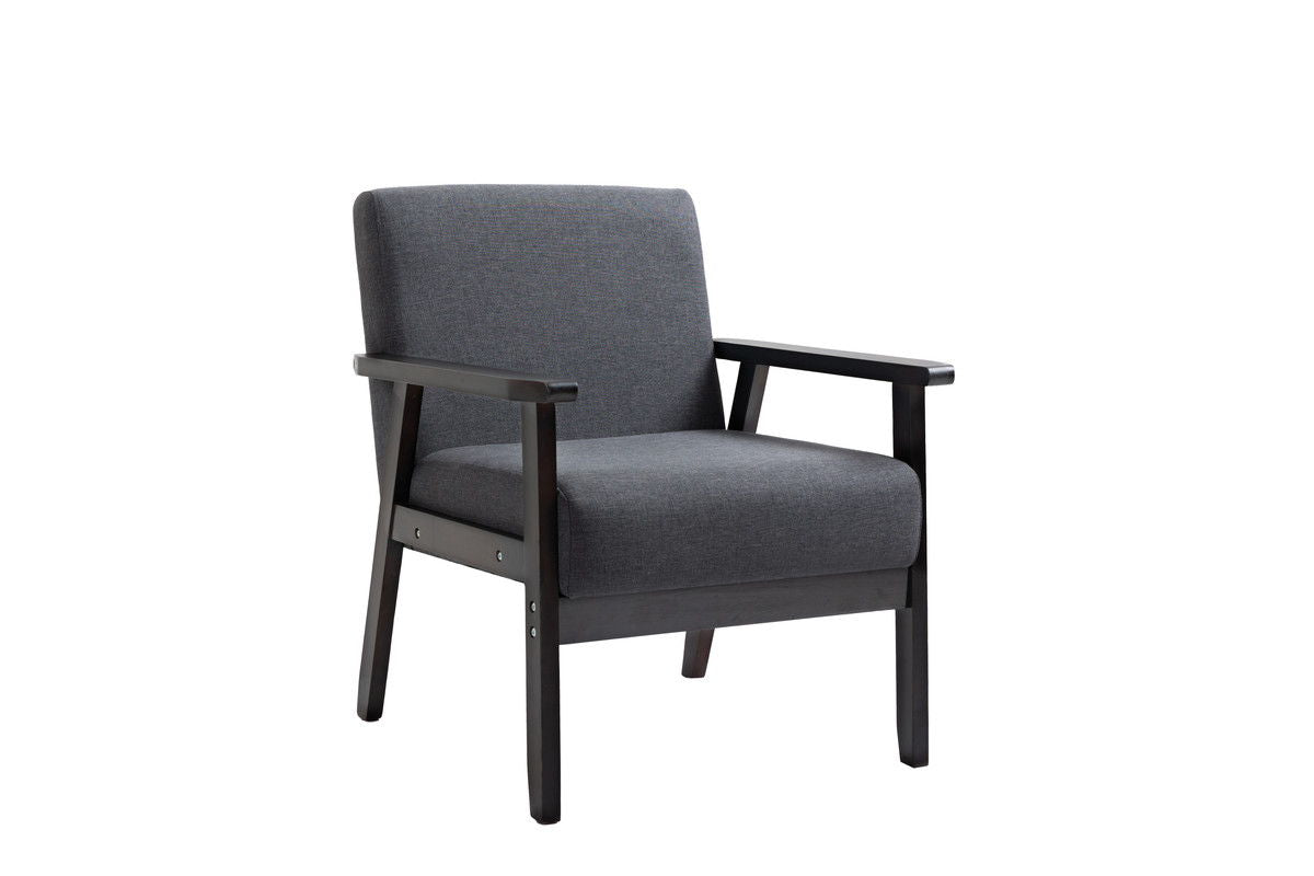 The Bahamas - Loveseat And 2 Chair Living Room Set features modern dark wooden frames, straight arms, and gray upholstered seats and backrests, all displayed against a white background.