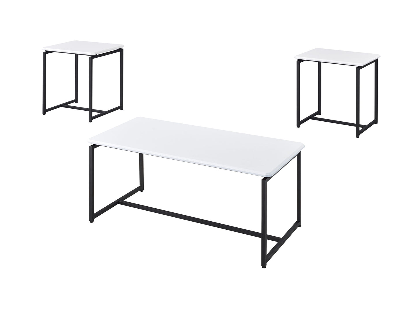 The GT - 3 Piece Carbon Fiber Wrap Coffee Table and End Table Set includes one large coffee table and two matching side tables, all with white rectangular tops and black metal legs, displayed on a white background.