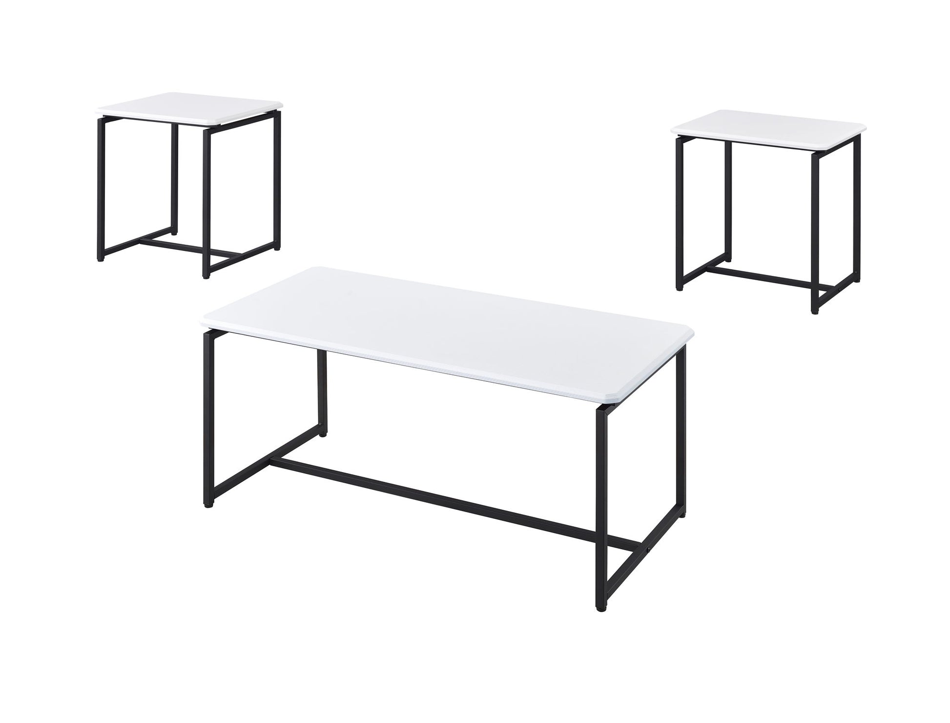 The GT - 3 Piece Carbon Fiber Wrap Coffee Table and End Table Set includes one large coffee table and two matching side tables, all with white rectangular tops and black metal legs, displayed on a white background.
