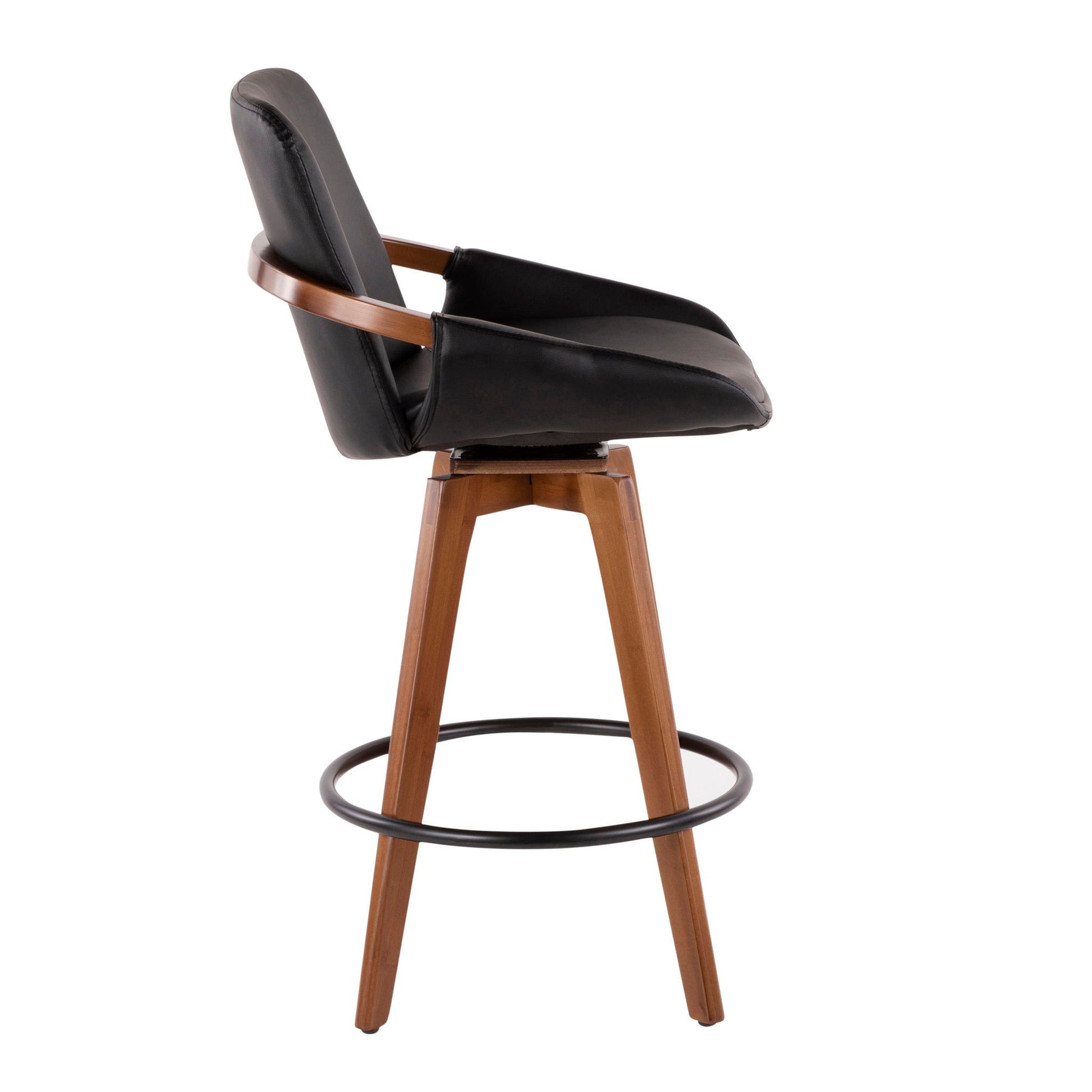 The Cosmo - Mid Century Counter Stool features a black cushioned seat and backrest, wooden legs, and a circular metal footrest, shown in a side view.
