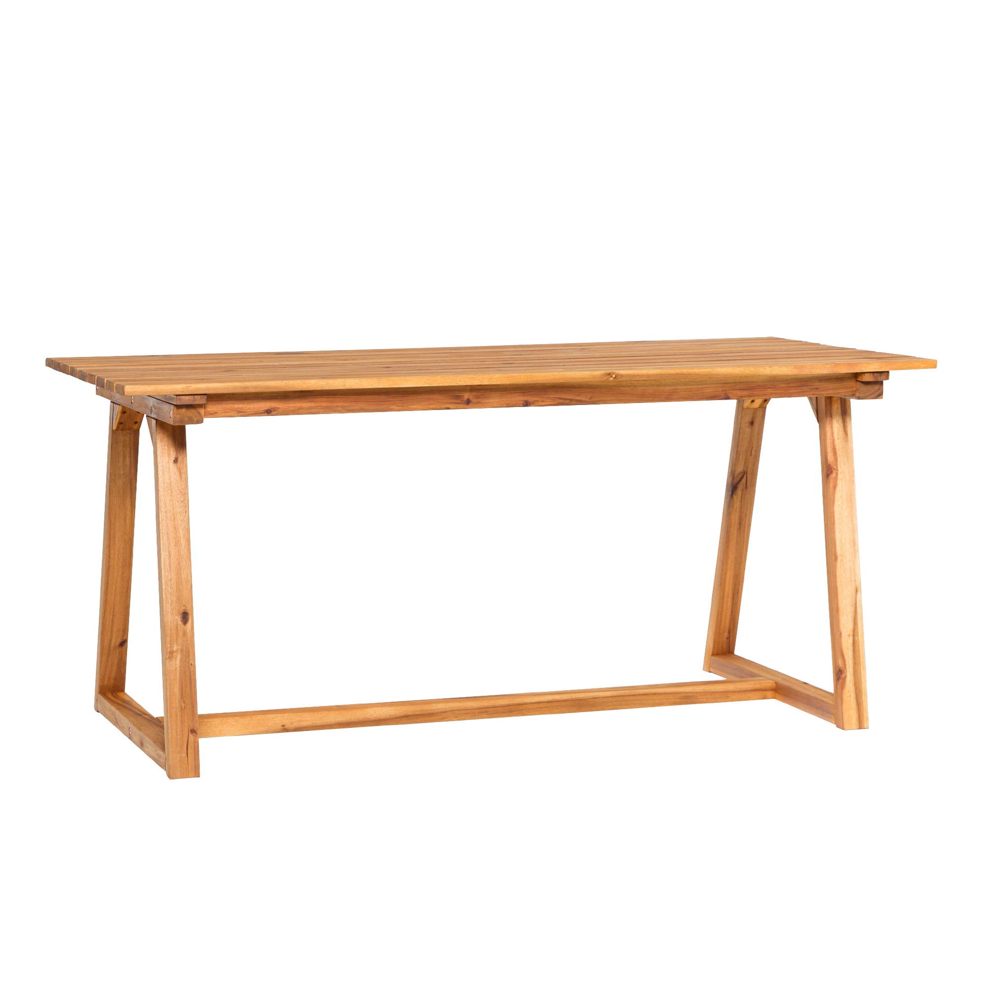 The Contemporary Solid Wood Slat Top Patio Dining Table has a rectangular shape, natural finish, angled legs, and a horizontal support bar near the floor.