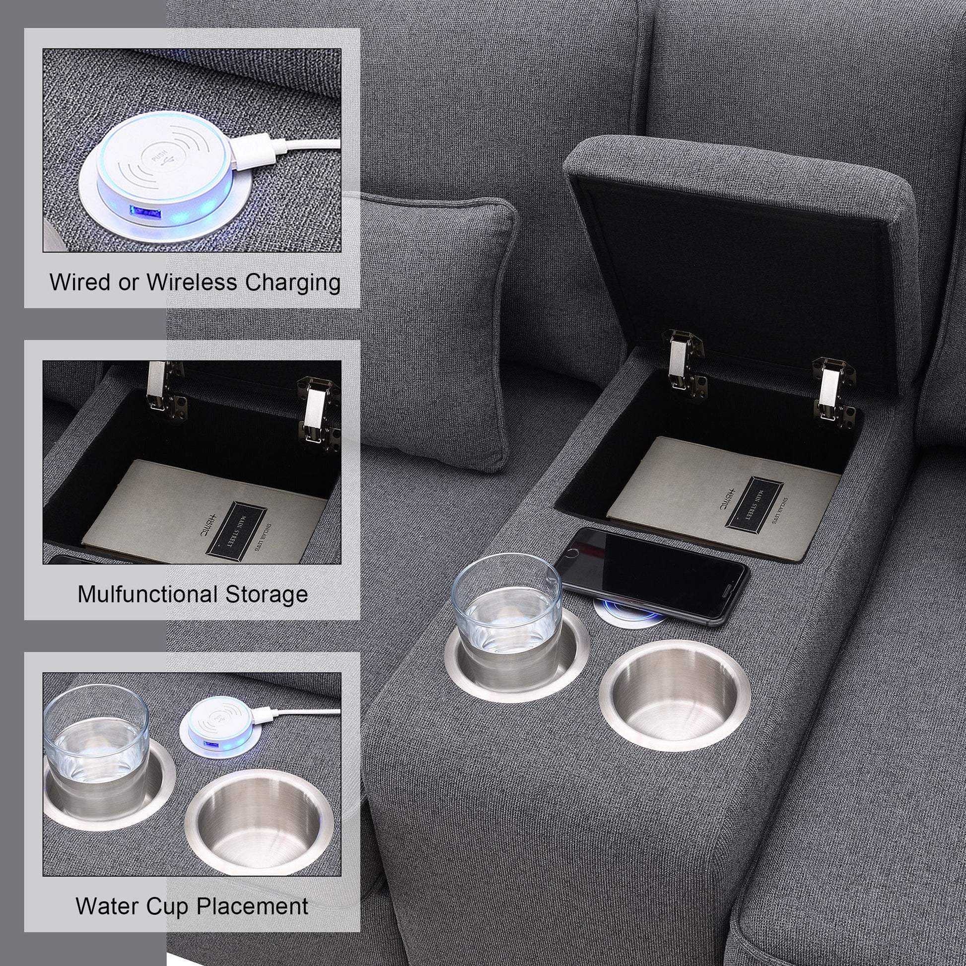 The Upholstered Sofa With Console features 2 cupholders, a storage compartment, and 2 USB ports for wired or wireless charging; its modern linen fabric and 4 pillows make it ideal for any living room or apartment.