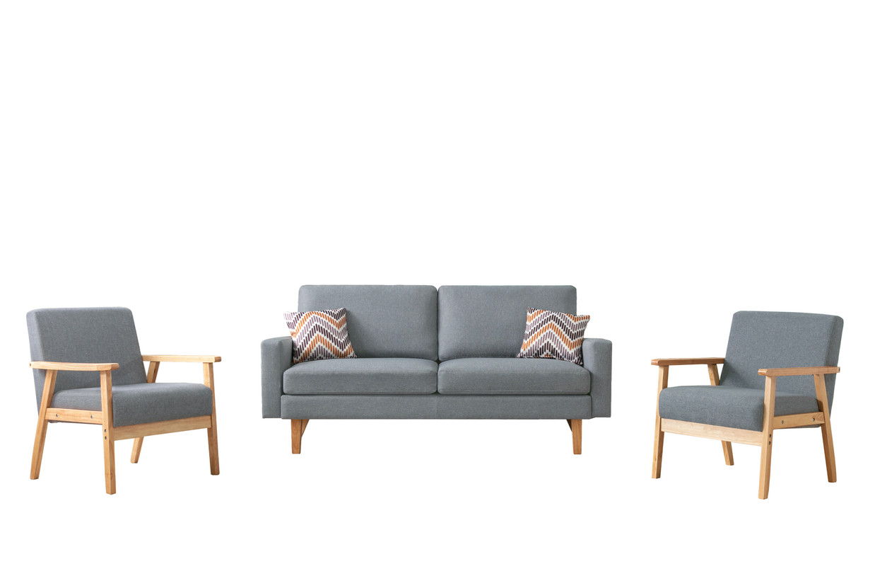 The Bahamas Sofa Set includes a gray two-seater sofa with two patterned accent pillows and matching gray armchairs with wooden frames, all displayed against a white background.