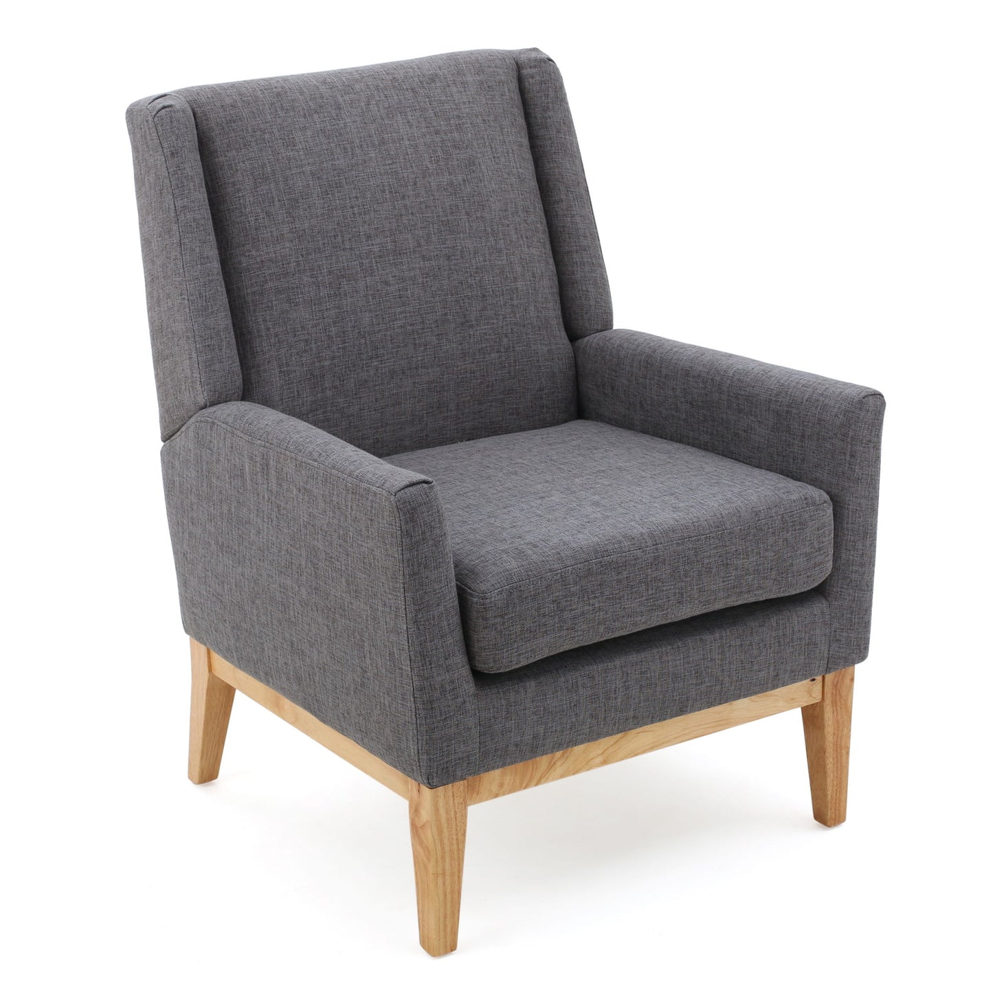 The Modern Accent Chair With Padded Cushion Seat features dark gray fabric upholstery, a boxy design, padded seat and backrest, and light wooden legs.