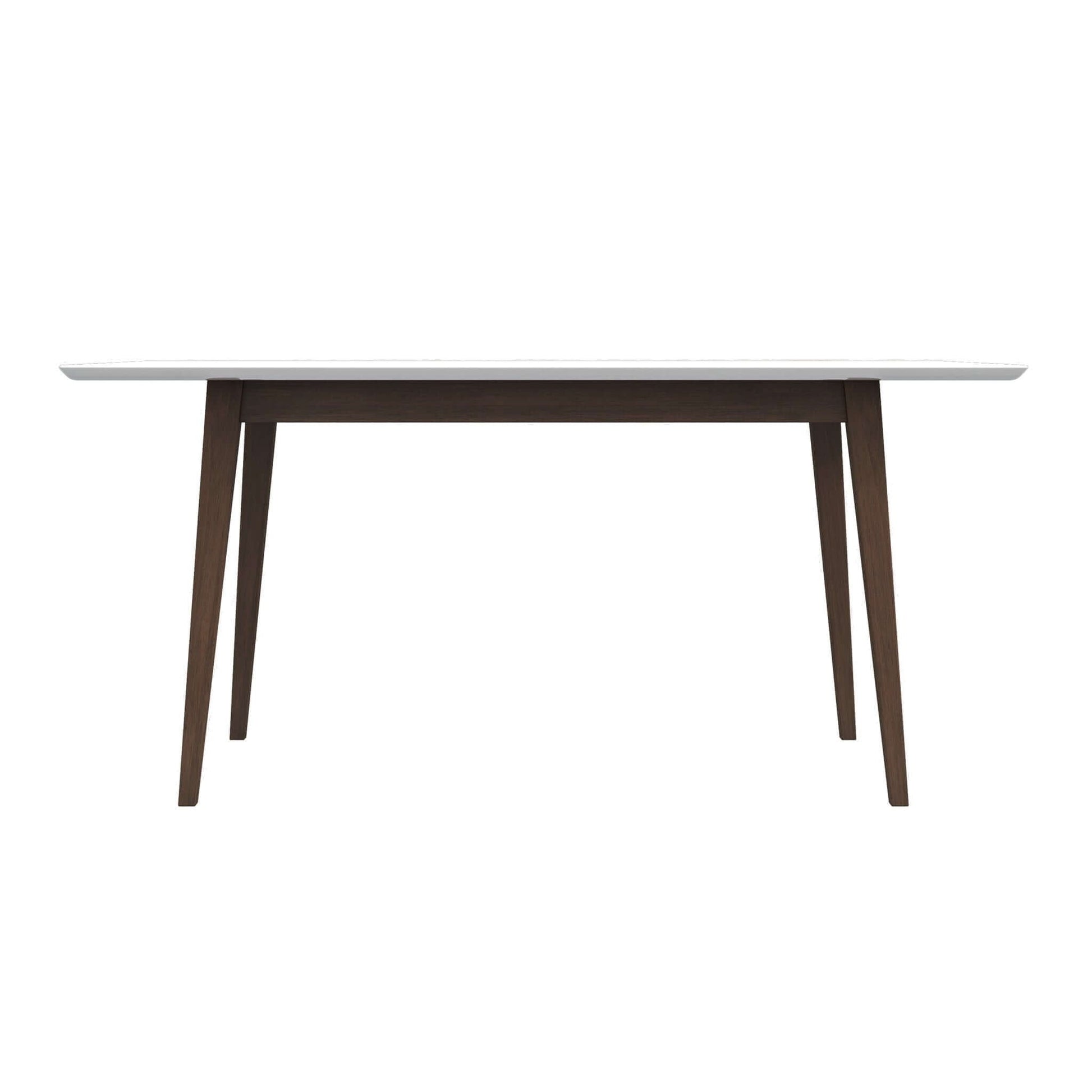 The Levi Modern Style Rectangular Dining Kitchen Table features a white top and four angled dark wooden legs, displayed against a plain white background.