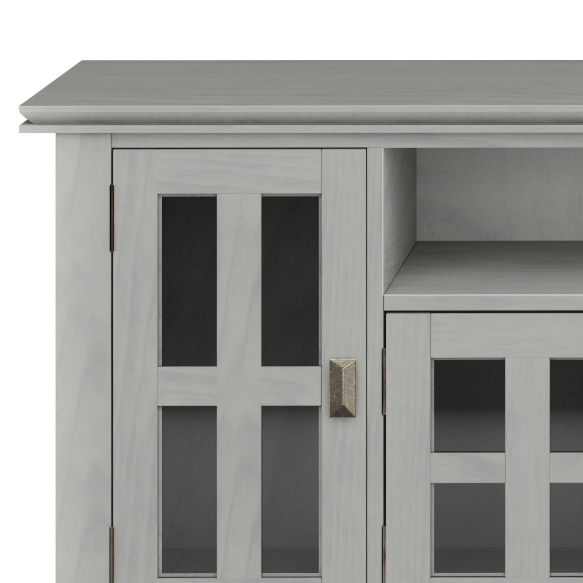 Close-up of the Artisan - TV Media Stand, featuring a light gray finish, glass-paneled doors with metal handles, an open shelf, and a smooth top in a sleek, modern minimalist design.