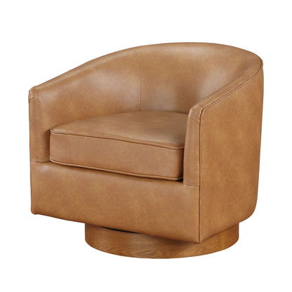 The Maisy - Barrel Swivel Chair features tan leather upholstery, curved arms, a rounded back, and a plush seat cushion on a circular wooden base, shown against a white background.