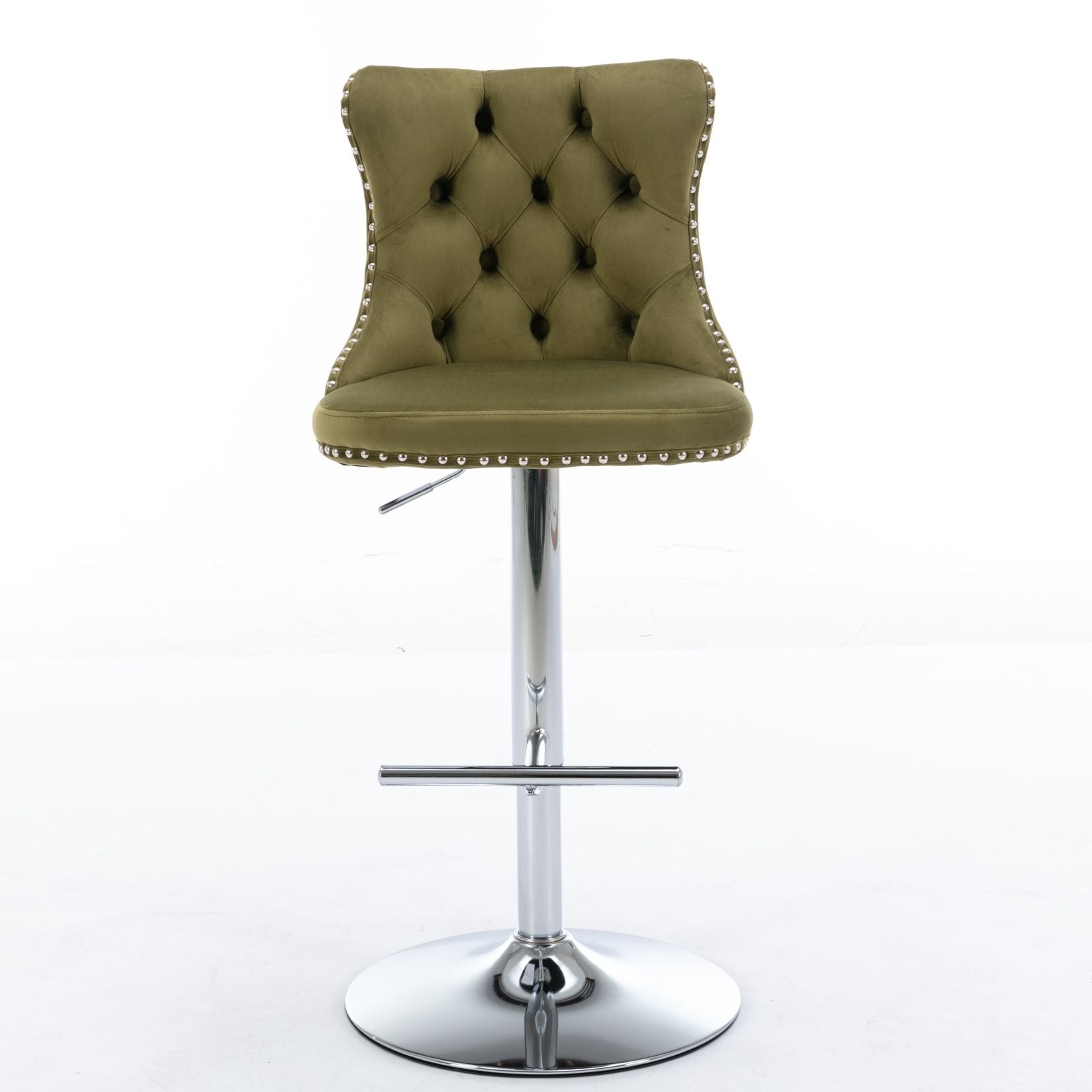 Set of 2 olive green Swivel Velvet Barstools with tufted backs, cushioned seats, adjustable height (25-33"), chrome pedestal base with footrest, and silver nailhead trim, perfect for home pub or kitchen island.