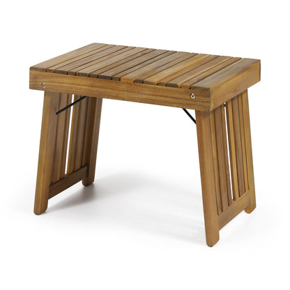 The Temptation Outdoor Foldable Side Table features a rectangular slat design, angled legs, a natural wood finish, and is shown on a white background.