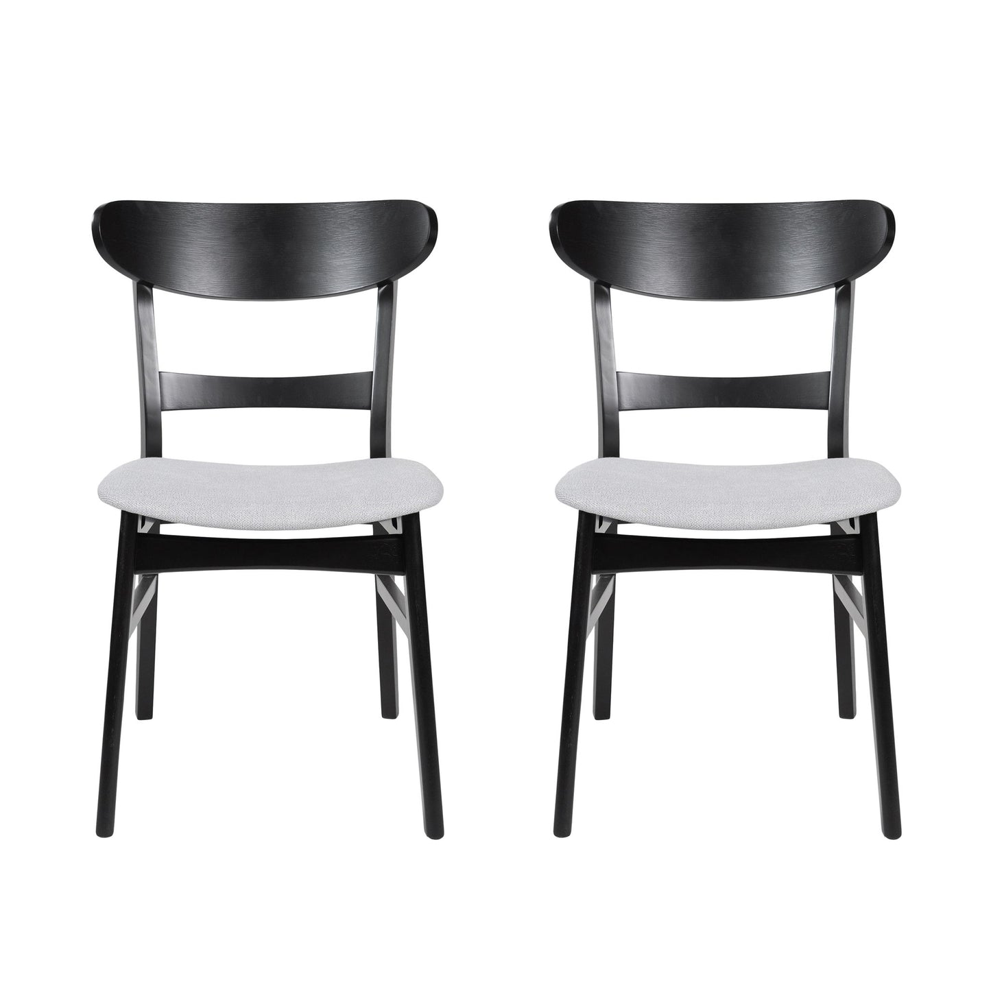 The Mid Century Dining Chairs With Cushioned Seats And Wood Frame (Set of 2) feature black wooden frames, curved backs, and light gray cushioned seats, displayed side by side on a white background.