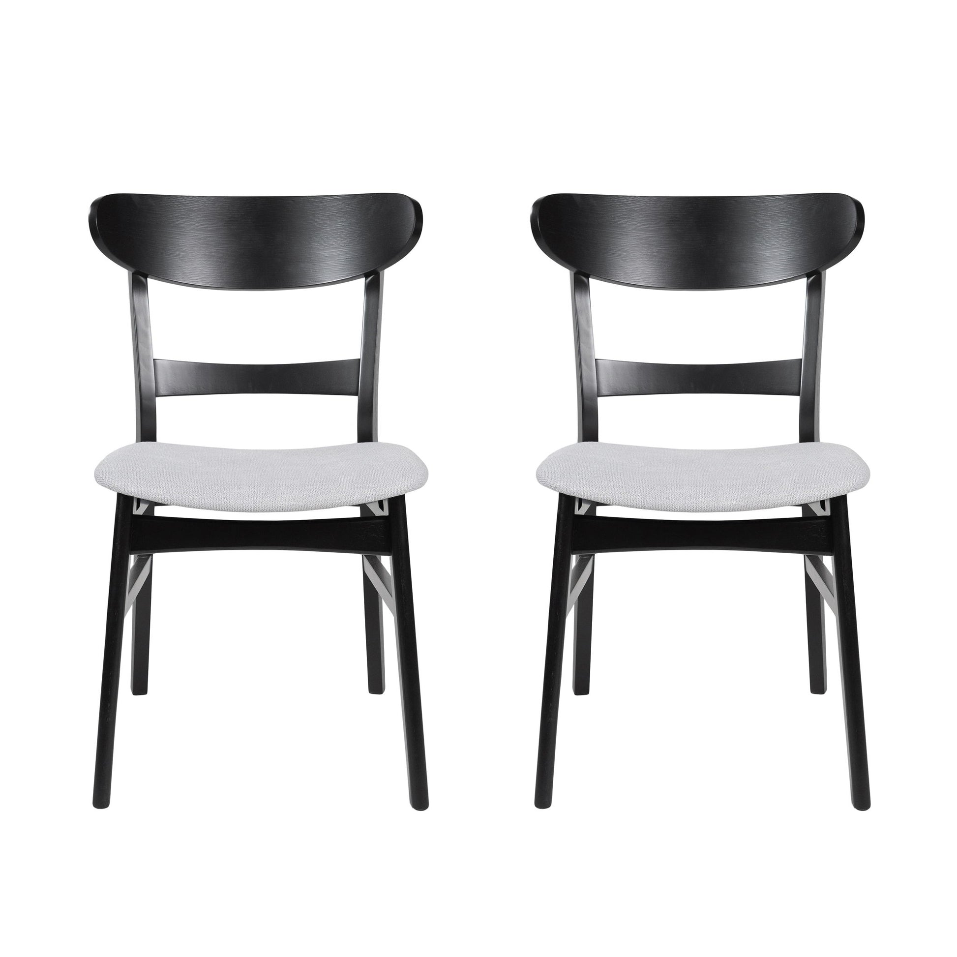 The Mid Century Dining Chairs With Cushioned Seats And Wood Frame (Set of 2) feature black wooden frames, curved backs, and light gray cushioned seats, displayed side by side on a white background.