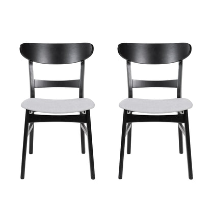 The Mid Century Dining Chairs With Cushioned Seats And Wood Frame (Set of 2) feature black wooden frames, curved backs, and light gray cushioned seats, displayed side by side on a white background.
