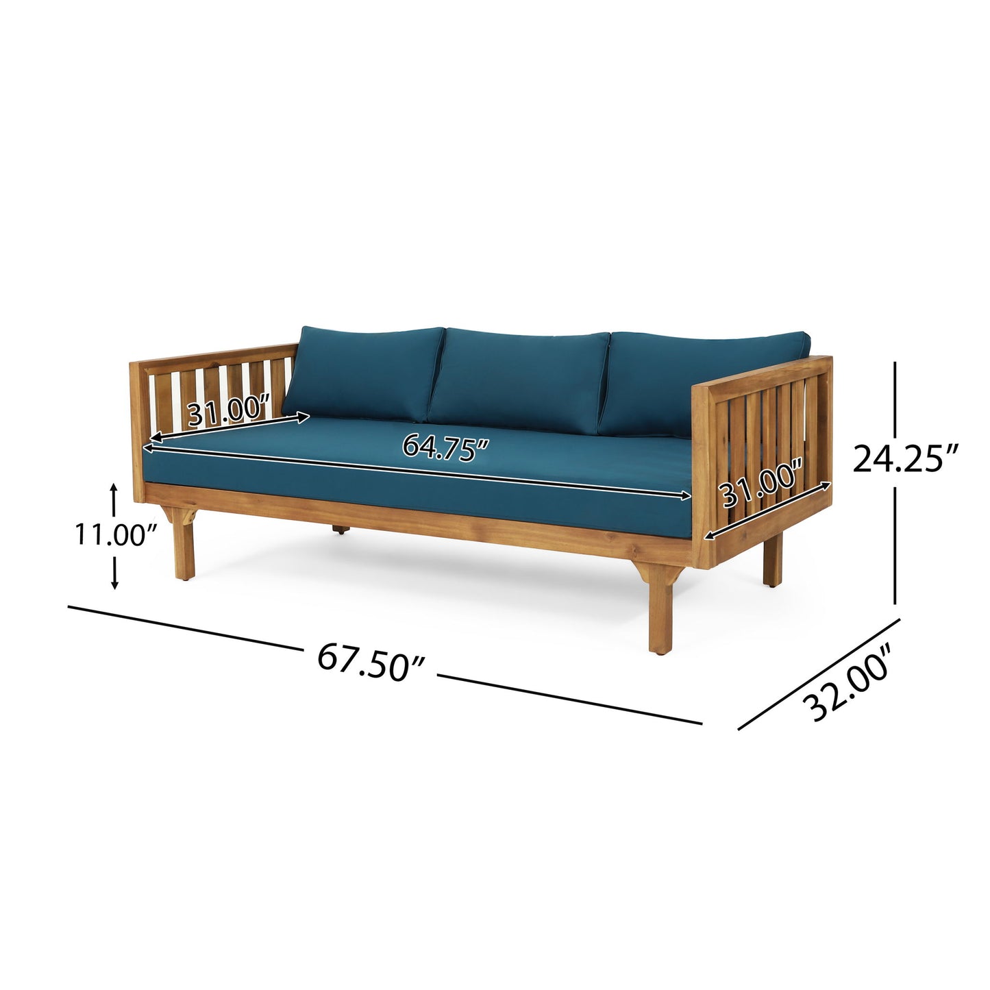 The Claremont 3 Seater Daybed features teak acacia wood and water-resistant blue cushions; dimensions: 67.5"W x 32"D x 24.25"H, seat depth 31", seat width 64.75", seat height 11", armrest height 31".