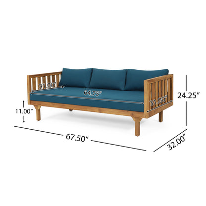 The Claremont 3 Seater Daybed features teak acacia wood and water-resistant blue cushions; dimensions: 67.5"W x 32"D x 24.25"H, seat depth 31", seat width 64.75", seat height 11", armrest height 31".