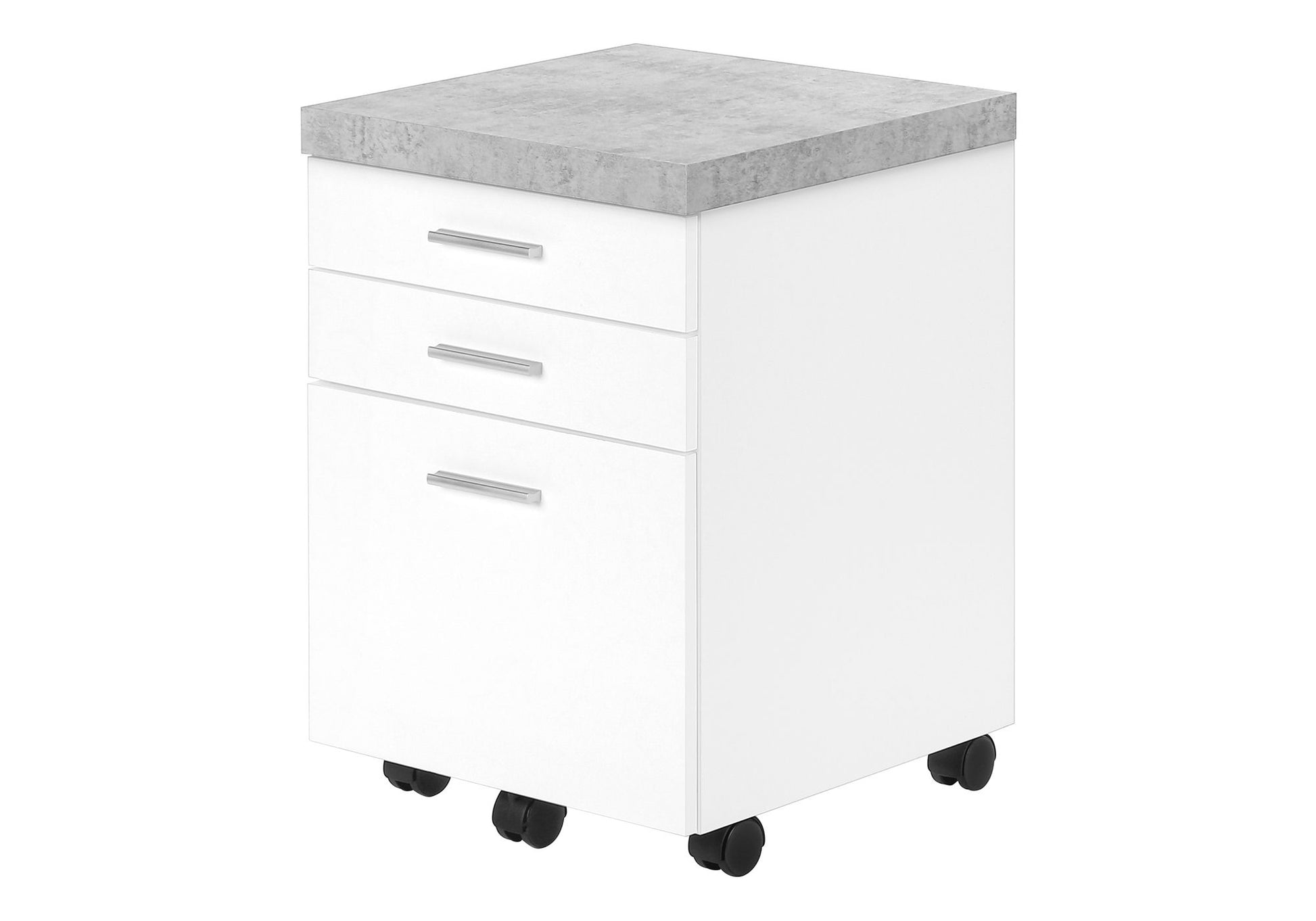 The File Cabinet Rolling Mobile Storage Drawers Printer Stand For Office features three white drawers with silver handles, a gray top, and black caster wheels.
