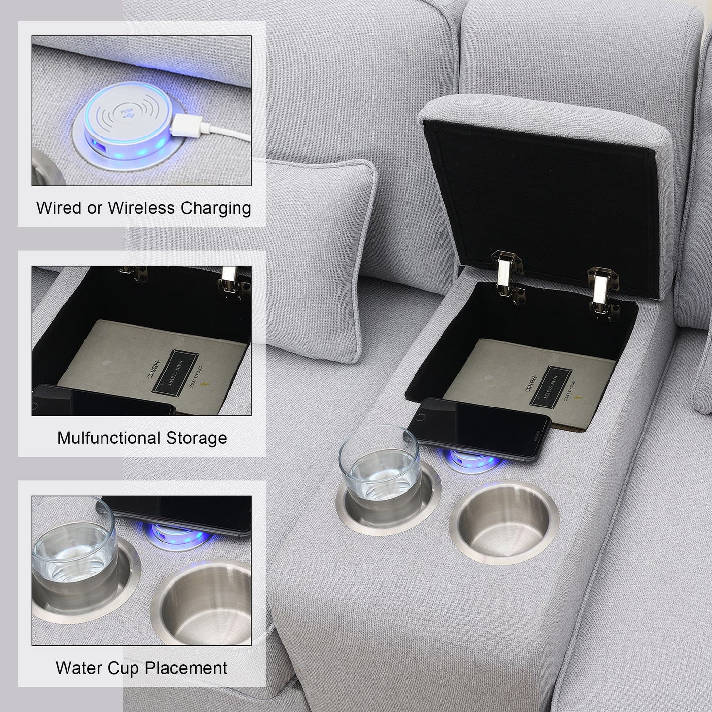 The Upholstered Sofa With Console offers wireless and wired charging via 2 USB ports, a central storage compartment with lid, 2 cupholders, and comes in modern linen fabric with 4 pillows—perfect for your living room or apartment (4-seat).