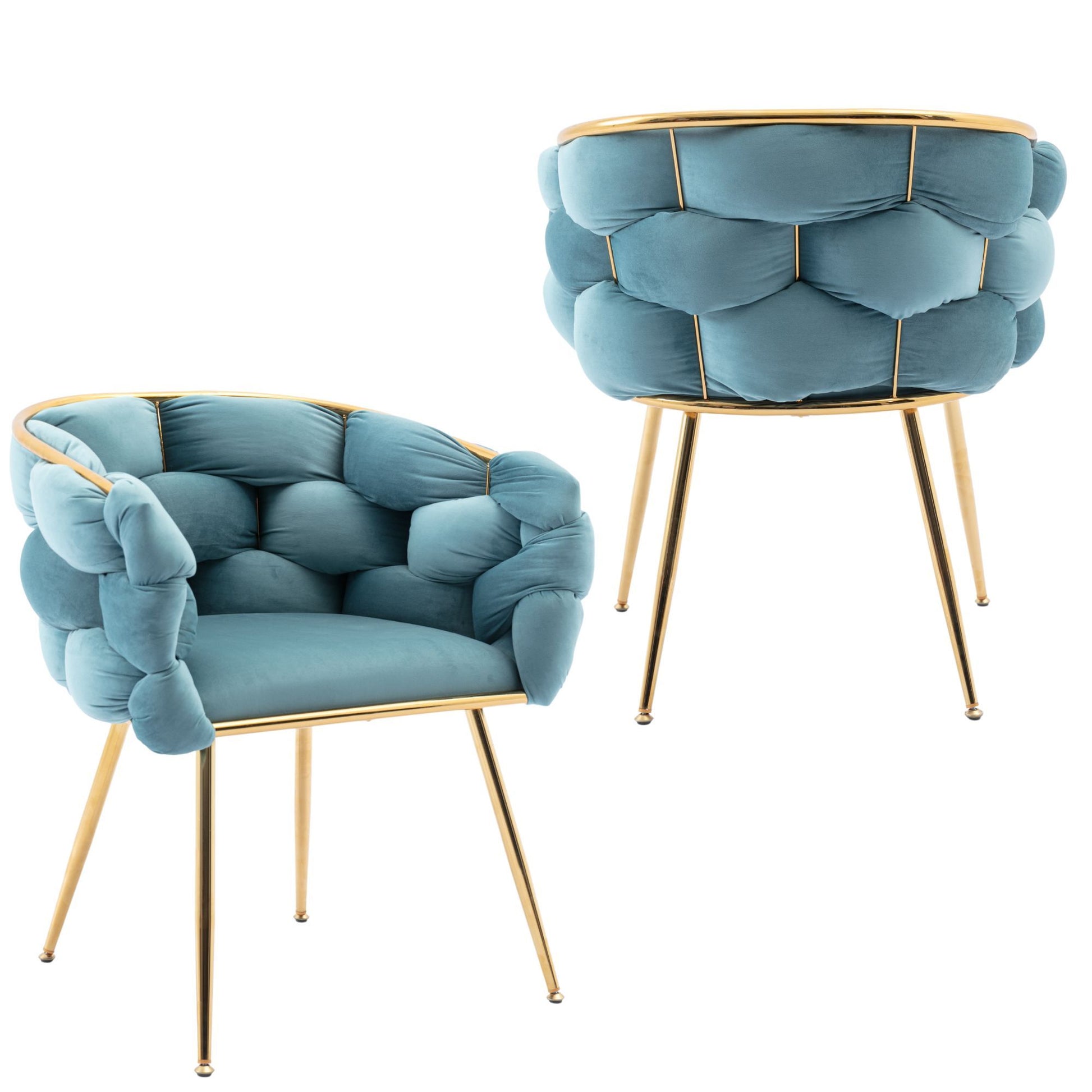 Two Luxury Modern Simple Leisure Velvet Single Sofa Chairs with gold metal frames, plush tufted teal upholstery, and bubble-like padded design on the back and sides—perfect for bedrooms, vanities, or as accent seating.