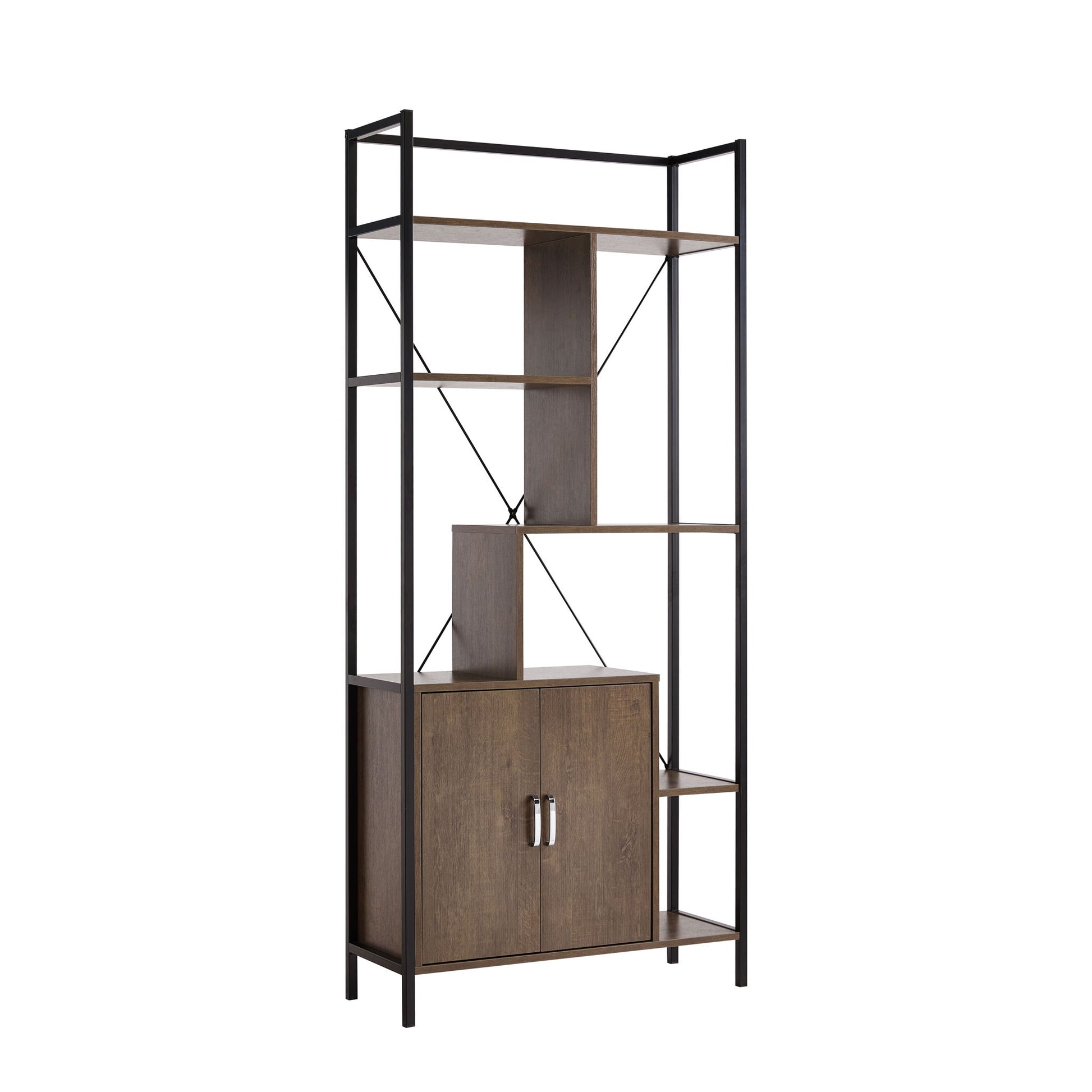 Modern Bookcase With Two Door Storage Cabinet With Two Shelves features a black metal frame, wood shelves, asymmetrical open shelving, and a closed two-door cabinet at the base, set against a white background.