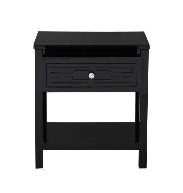 The Dylan wooden nightstand features a glass top, a single drawer with a round silver knob, an open bottom shelf, and simple straight legs in a sleek black finish.