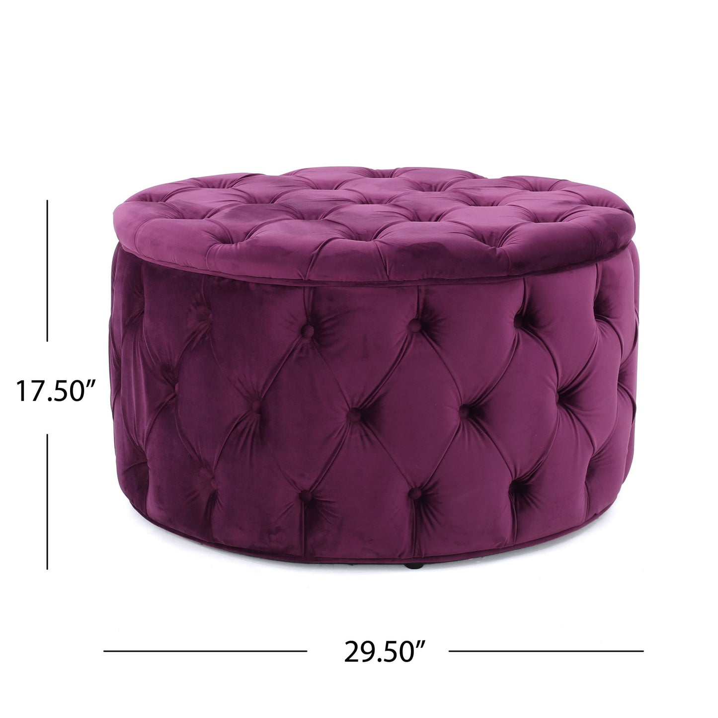 The Modern Glam Ottoman Velvet is a round, tufted purple ottoman measuring 17.5"H x 29.5"W, displayed on a white background with measurement lines.