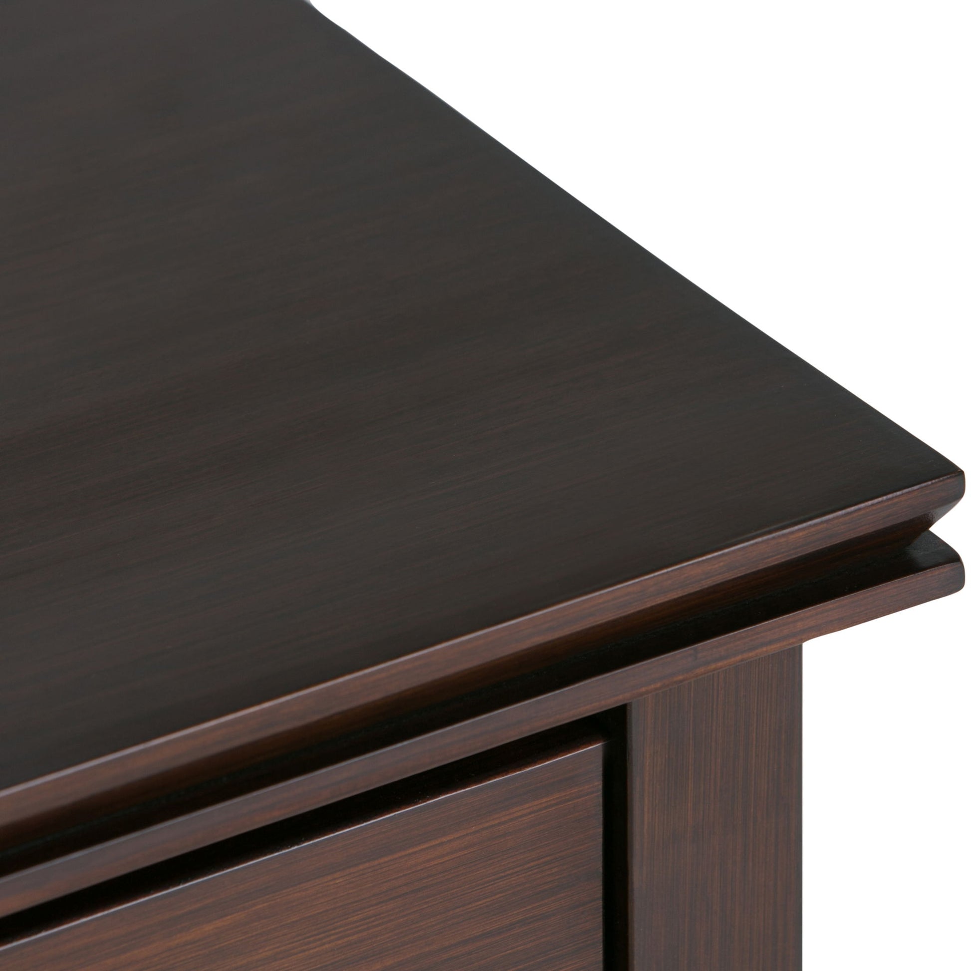 Close-up of the corner of the Artisan - Handcrafted Bedside Table, highlighting its dark brown wood, smooth polished surface, and clean lines.
