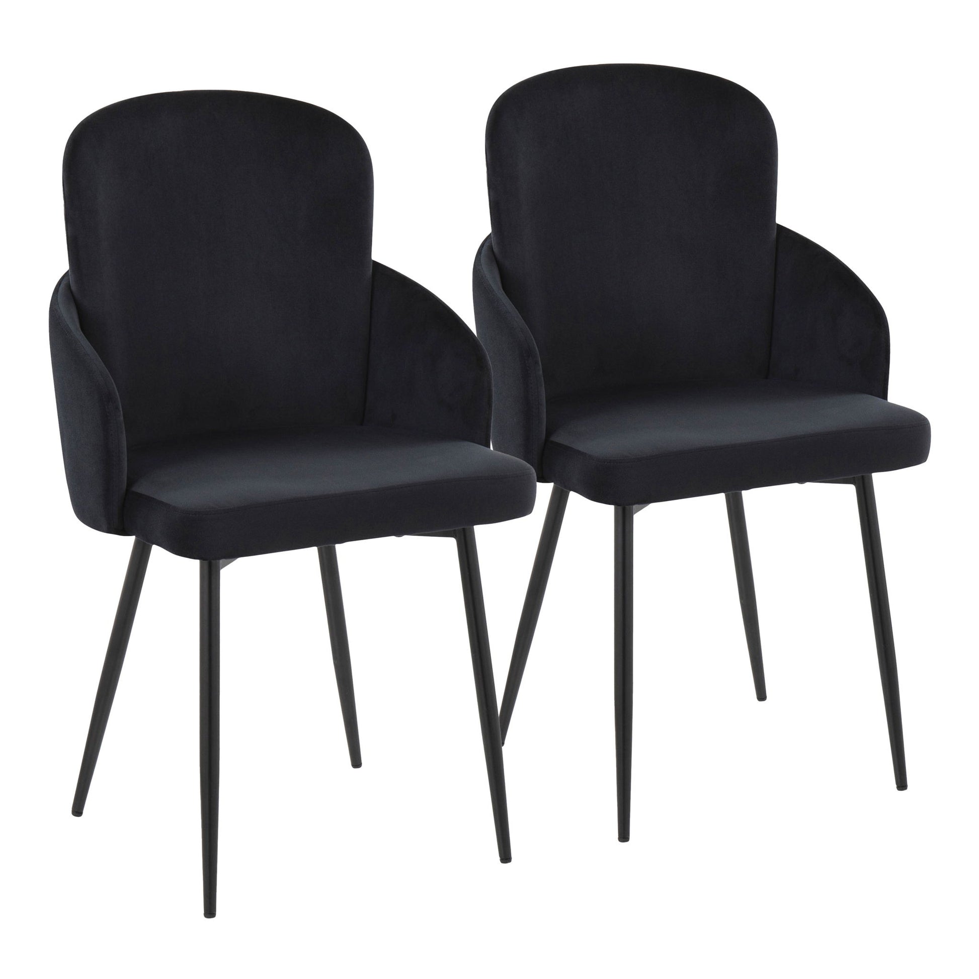 A set of two Dahlia Contemporary Elegant Design Dining Chairs, featuring modern black upholstery, curved backs, rounded armrests, and slim black metal legs, displayed side by side on a white background.