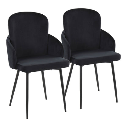 A set of two Dahlia Contemporary Elegant Design Dining Chairs, featuring modern black upholstery, curved backs, rounded armrests, and slim black metal legs, displayed side by side on a white background.