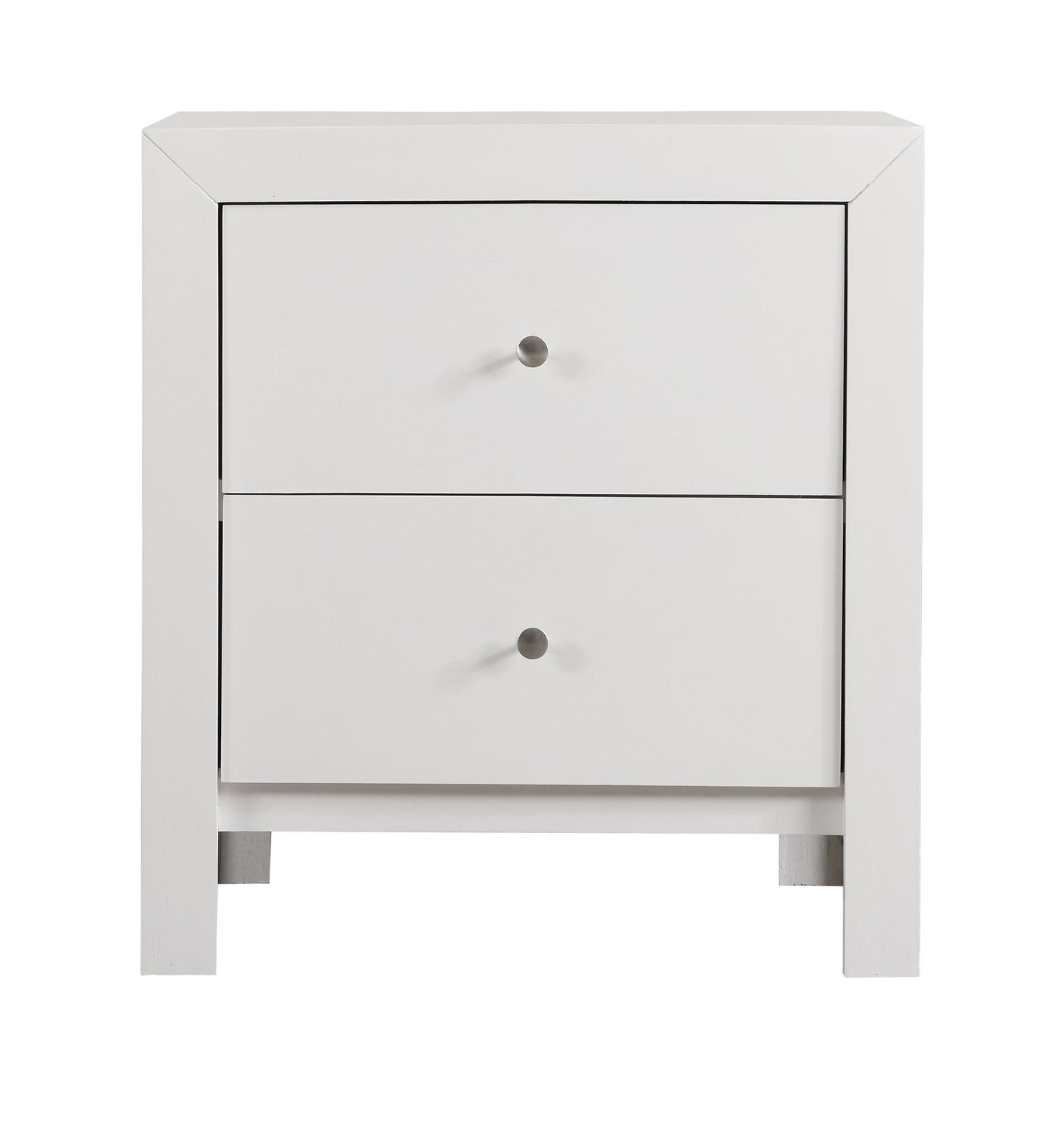The Charming Nightstand With Drawers is a white, modern piece with two drawers, each adorned with a round silver knob, and stands on four short legs.