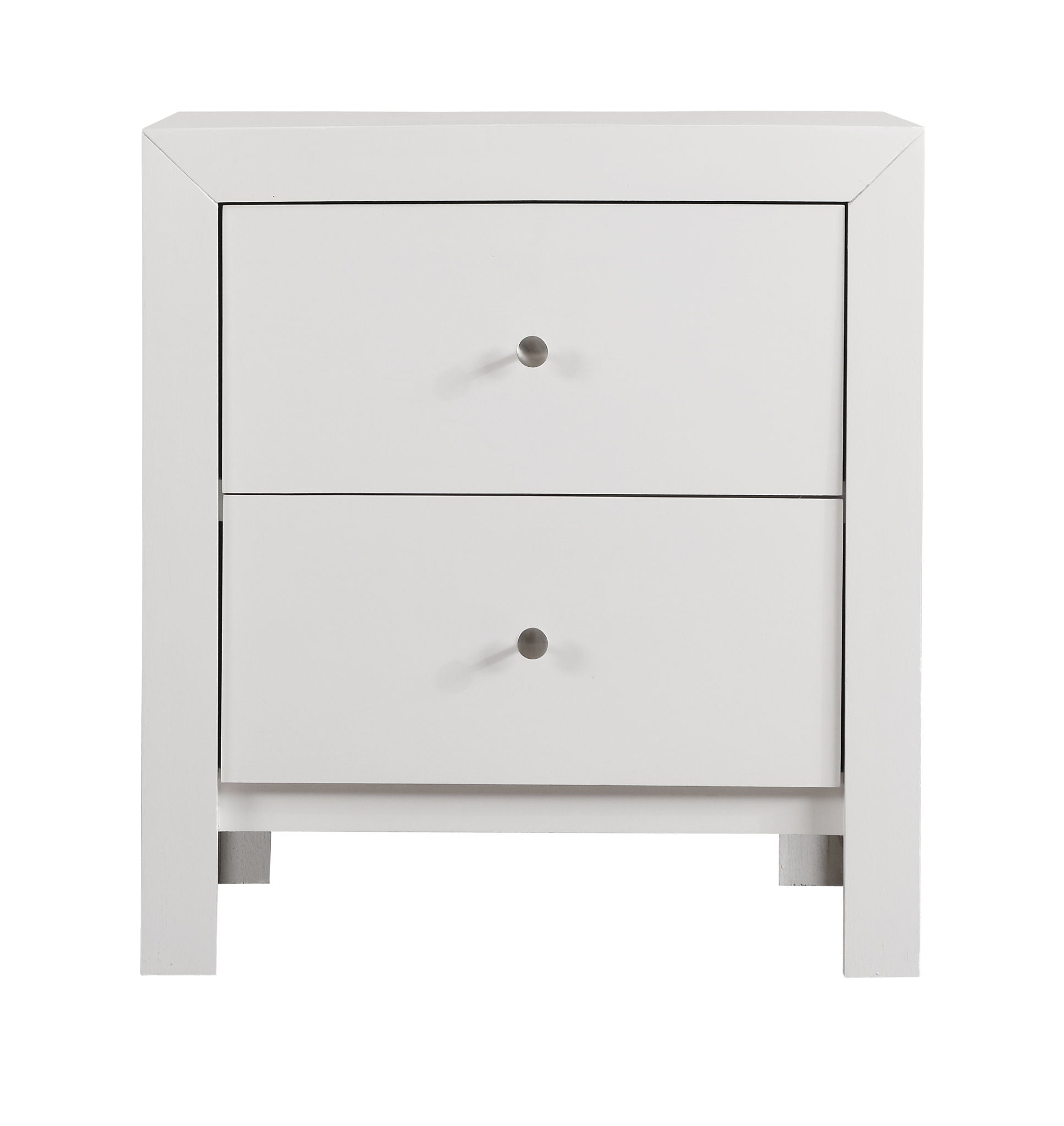 The Charming Nightstand With Drawers is a white, modern piece with two drawers, each adorned with a round silver knob, and stands on four short legs.