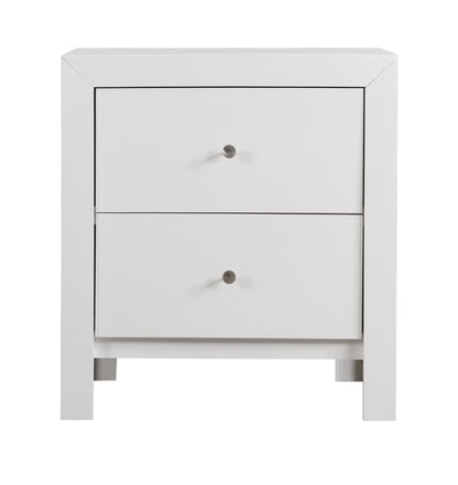 The Charming Nightstand With Drawers is a white, modern piece with two drawers, each adorned with a round silver knob, and stands on four short legs.