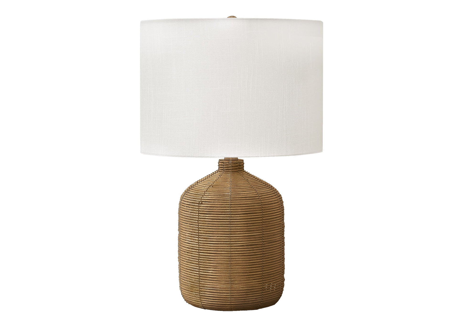 A modern table lamp featuring a cylindrical woven rattan base and a large white fabric drum shade, from the Lighting collection.