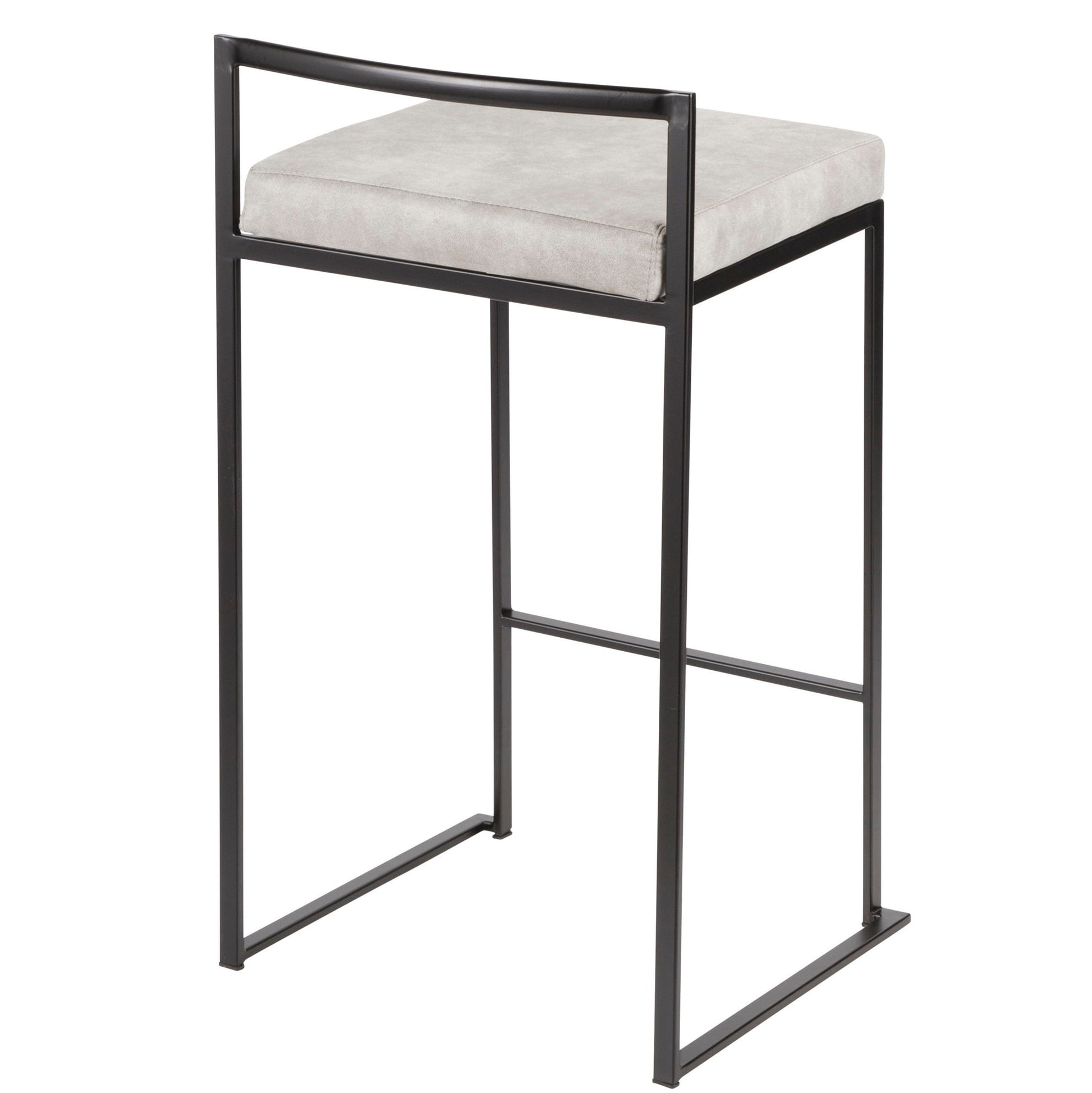 The Fuji Contemporary Style Stackable Counter Stool features a black metal frame, light gray cushioned seat, minimalist design, low rectangular backrest, and open sides.
