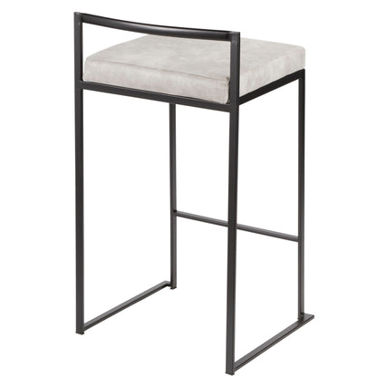 The Fuji Contemporary Style Stackable Counter Stool features a black metal frame, light gray cushioned seat, minimalist design, low rectangular backrest, and open sides.