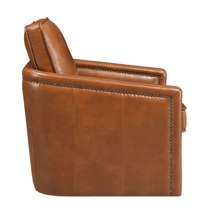 A side view of the Rocha - Leather Aire Swivel Chair With Glider, featuring brown leather upholstery, nailhead trim on the armrest and back edges, a smooth polished surface, and a plush seat cushion.