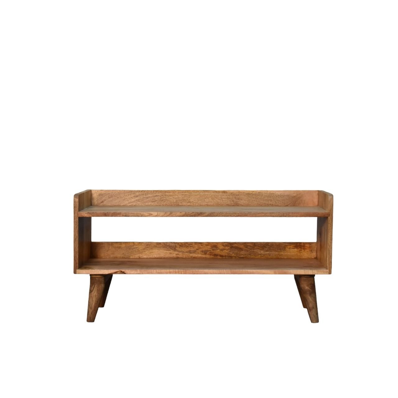 The Nordic Storage Bench features a natural wood finish, simple angled legs, and an open shelf below, displayed against a plain white background.