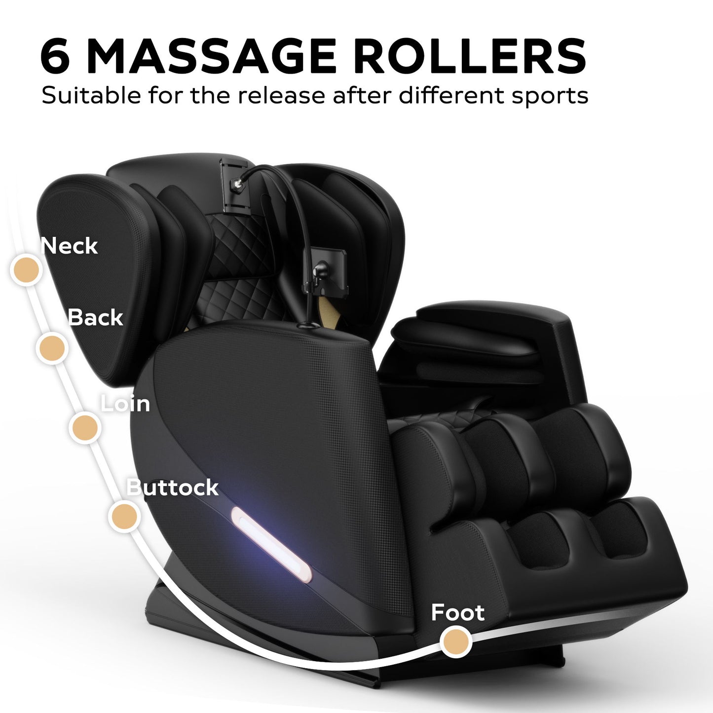 The black Massage Chair Recliner With Zero Gravity With Full Body Air Pressure features six massage rollers for the neck, back, loin, buttock, and foot. Text: "6 Massage Rollers. Suitable for post-sports relaxation.