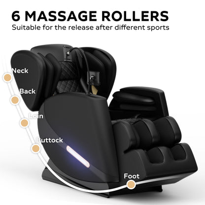 The black Massage Chair Recliner With Zero Gravity With Full Body Air Pressure features six massage rollers for the neck, back, loin, buttock, and foot. Text: "6 Massage Rollers. Suitable for post-sports relaxation.