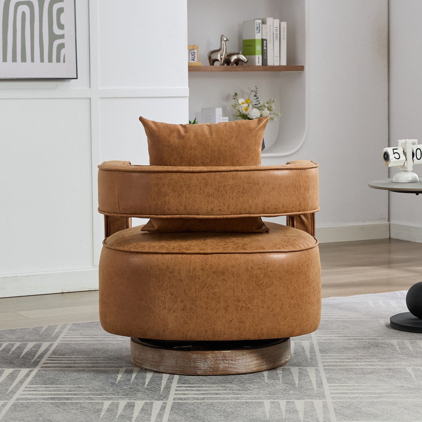 Swivel Accent Open Back Barrel Chair With Weathered Base