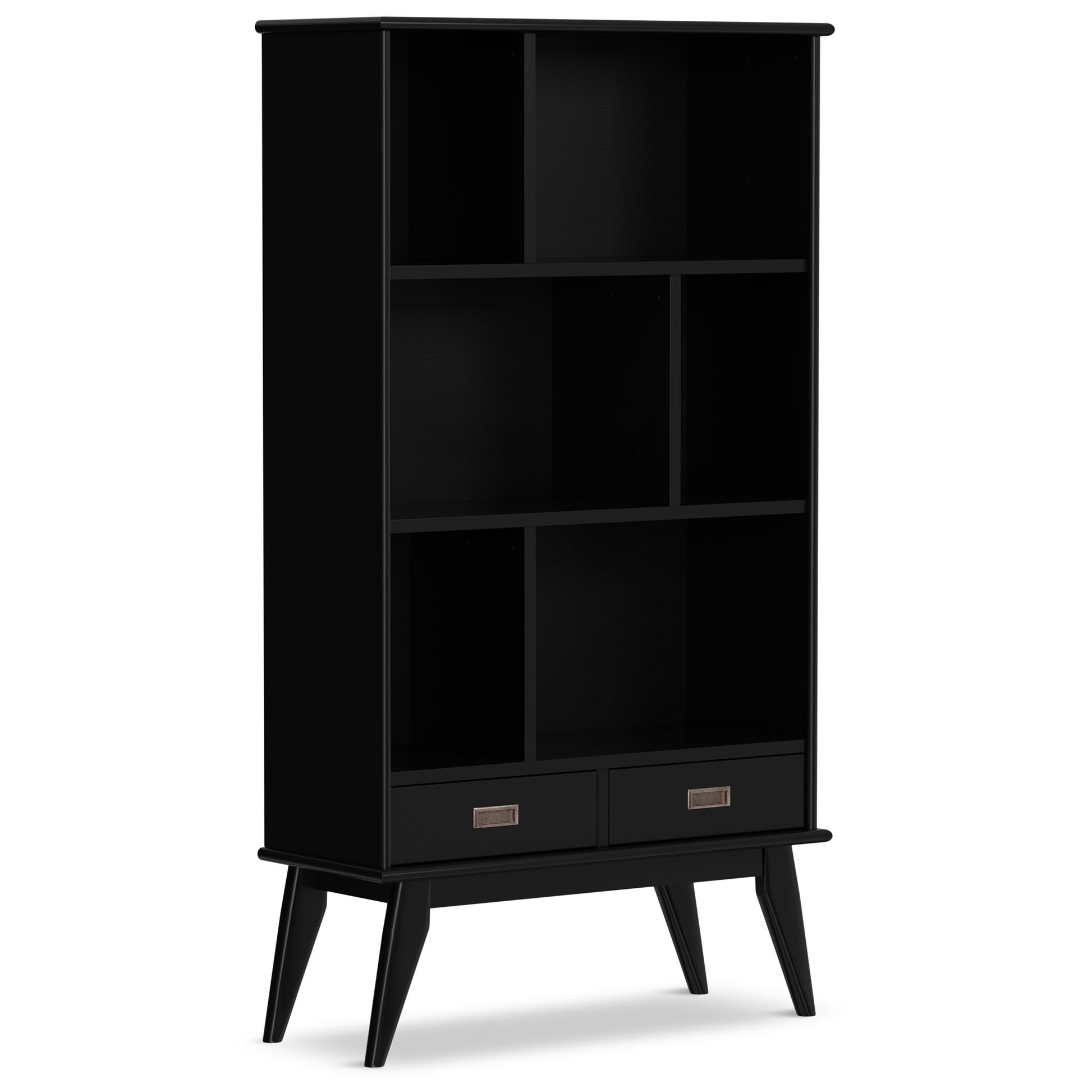 The Draper - Mid Century Wide Bookcase And Storage Unit features five open shelves in a staggered design, two bottom drawers, and stands on four angled legs with a sleek black wooden finish.