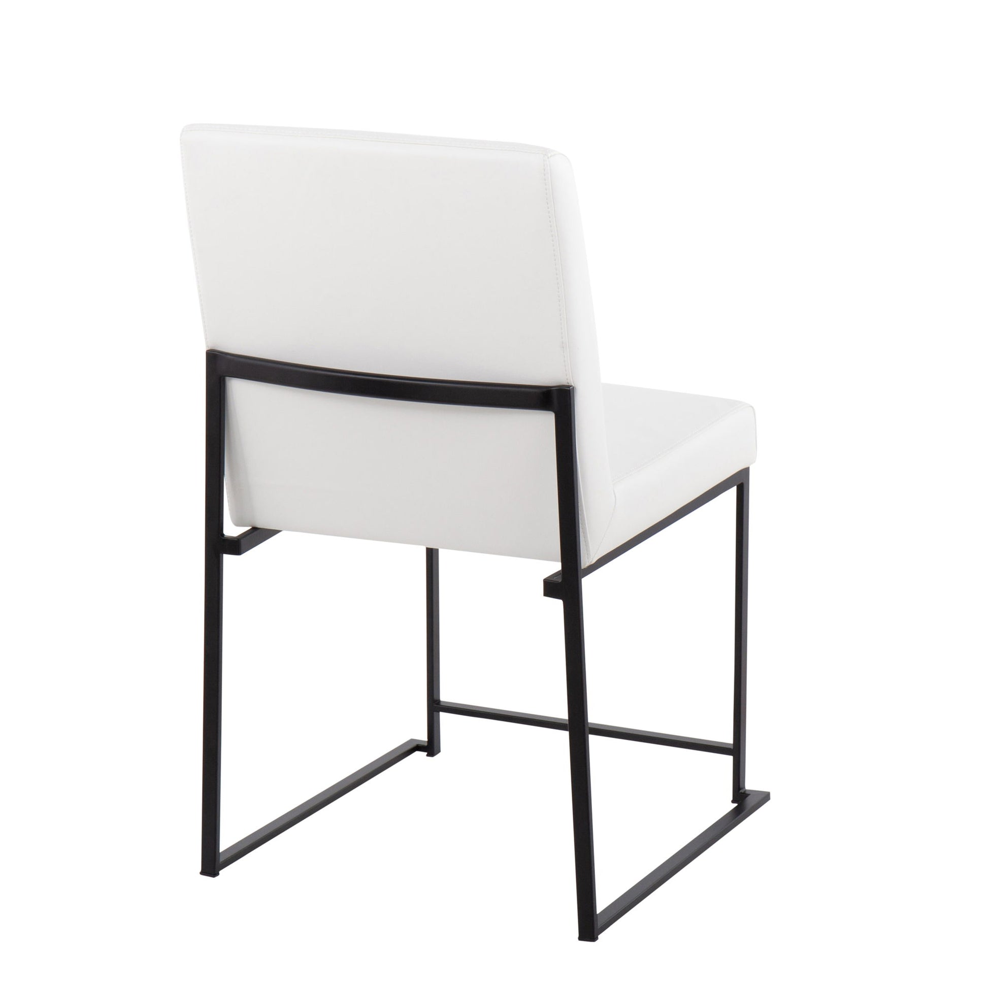 The Fuji High Back Dining Chair set (2) features a modern white padded seat and back with a black metal frame and legs, shown from the back at an angle against a plain white background.