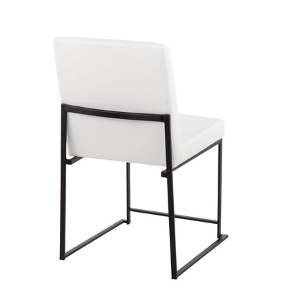 The Fuji High Back Dining Chair set (2) features a modern white padded seat and back with a black metal frame and legs, shown from the back at an angle against a plain white background.