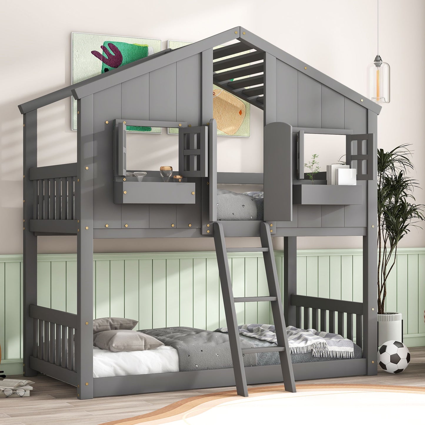 The House Bunk Bed With Roof, Window, Window Box, Door, Safety Guardrails, and Ladder features a two-level gray wooden design shaped like a house. The room has mint green walls and wooden flooring for a cozy look.