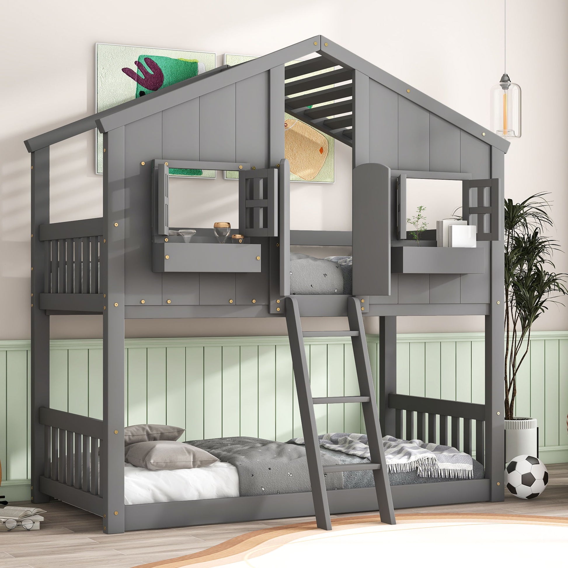 The House Bunk Bed With Roof, Window, Window Box, Door, Safety Guardrails, and Ladder features a two-level gray wooden design shaped like a house. The room has mint green walls and wooden flooring for a cozy look.