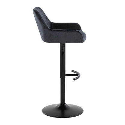 The Daniella Contemporary Adjustable Barstool set features a black round base, swivel seat, rounded T footrest, dark upholstered low backrest, and armrests—shown from the side (Set of 2).