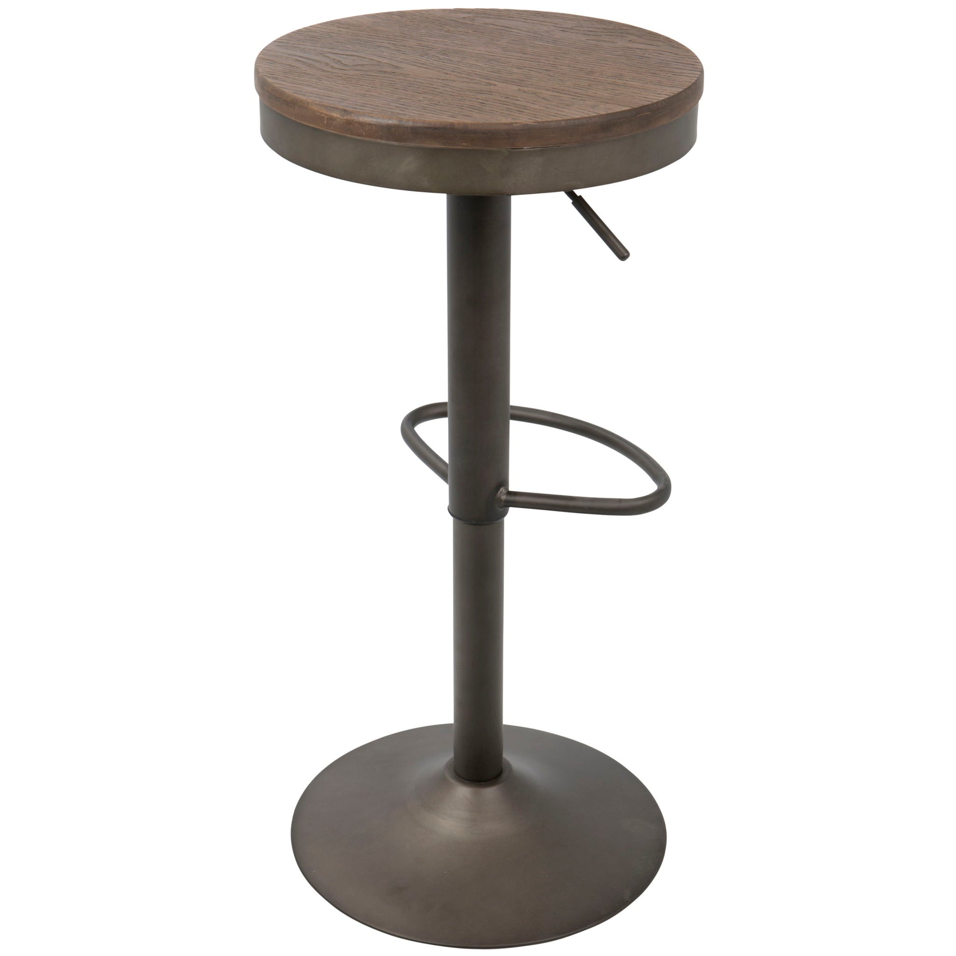 The Dakota Industrial Design Adjustable Barstool (Set of 2) features a tall, round dark wood seat, metal base, and circular footrest on its central pole, offering a striking industrial style for your bar or kitchen.