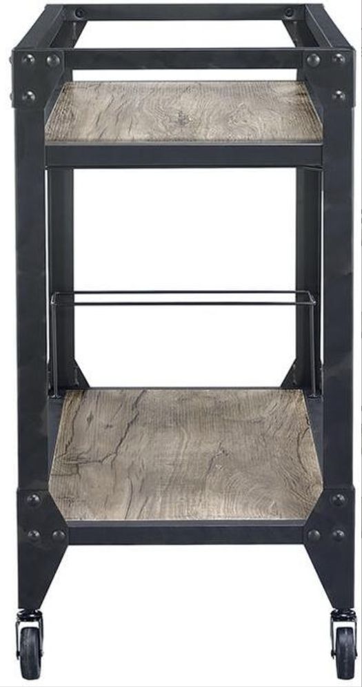The Jorgensen Serving Cart features a rectangular industrial design with a charcoal metal frame, two light wood grain shelves in rustic oak finish, and four caster wheels.