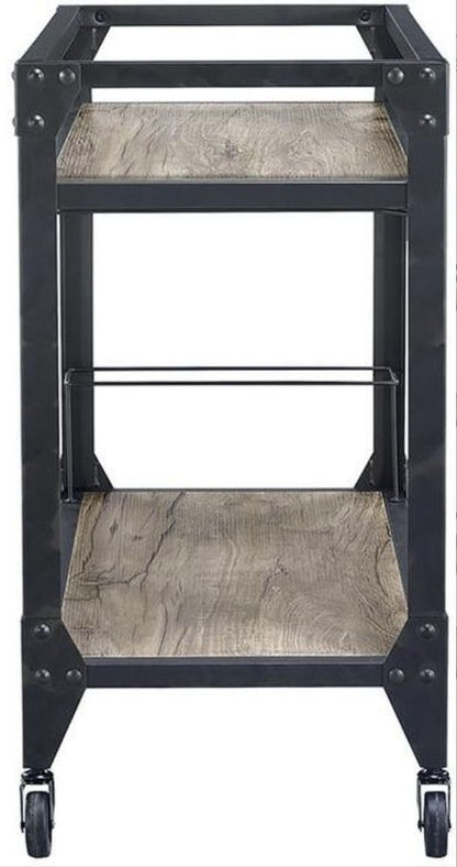 The Jorgensen Serving Cart features a rectangular industrial design with a charcoal metal frame, two light wood grain shelves in rustic oak finish, and four caster wheels.
