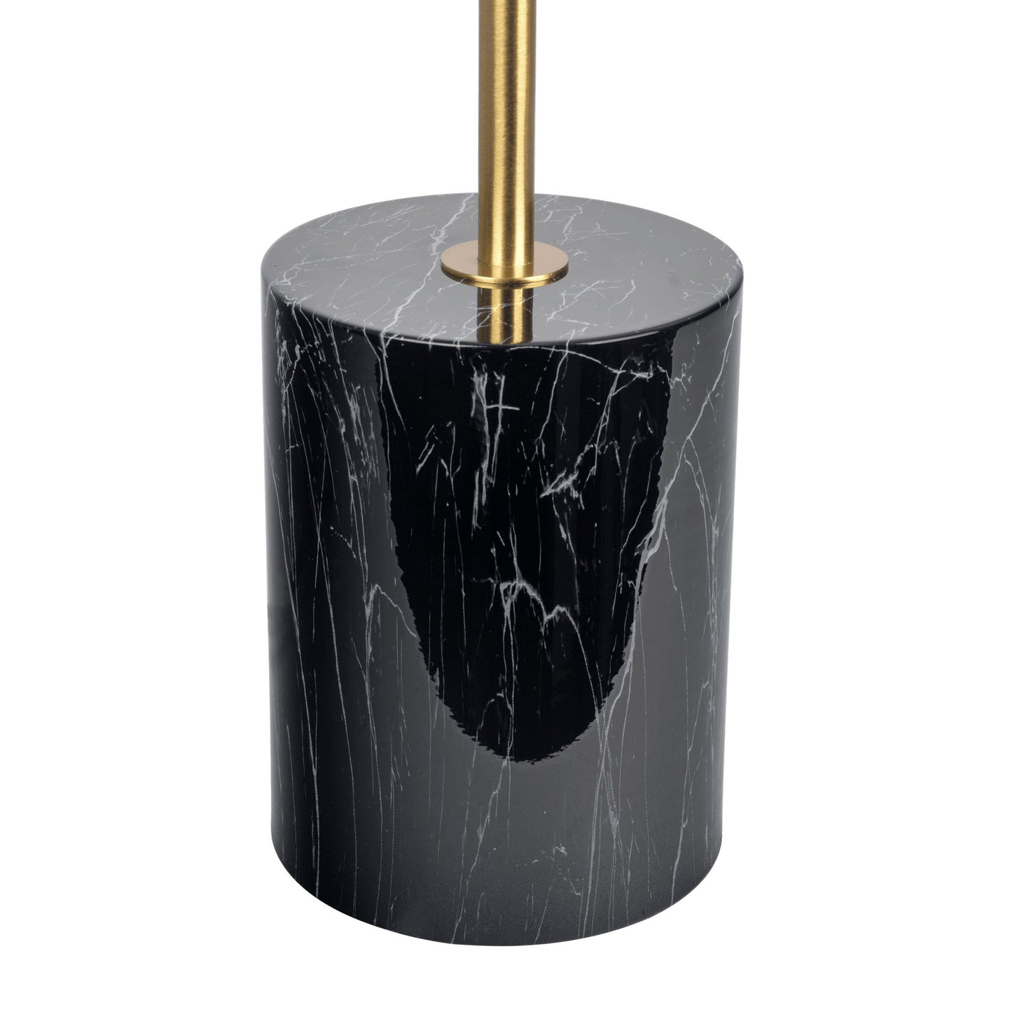 The Nova Hydro Table Lamp features a black marble cylindrical base with white veining and a gold rod extending from its center.